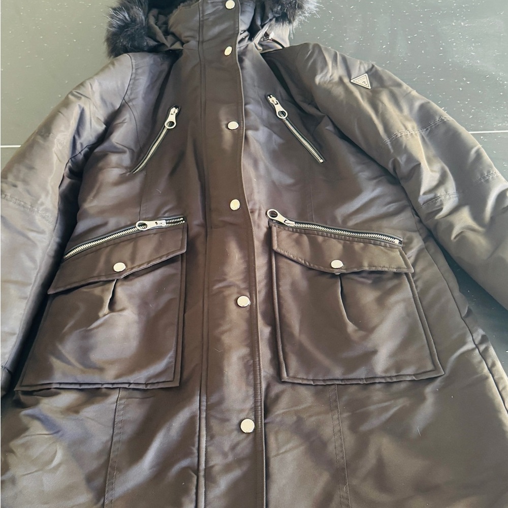 Guess Women's black Parka Coat with faux fur hood
